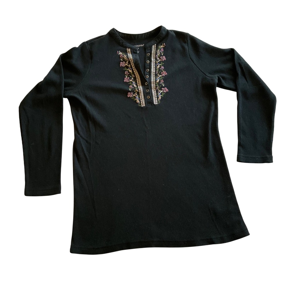 Woman Within Henley Top Women 14/16 M Black Floral Embroidered Waffle Knit